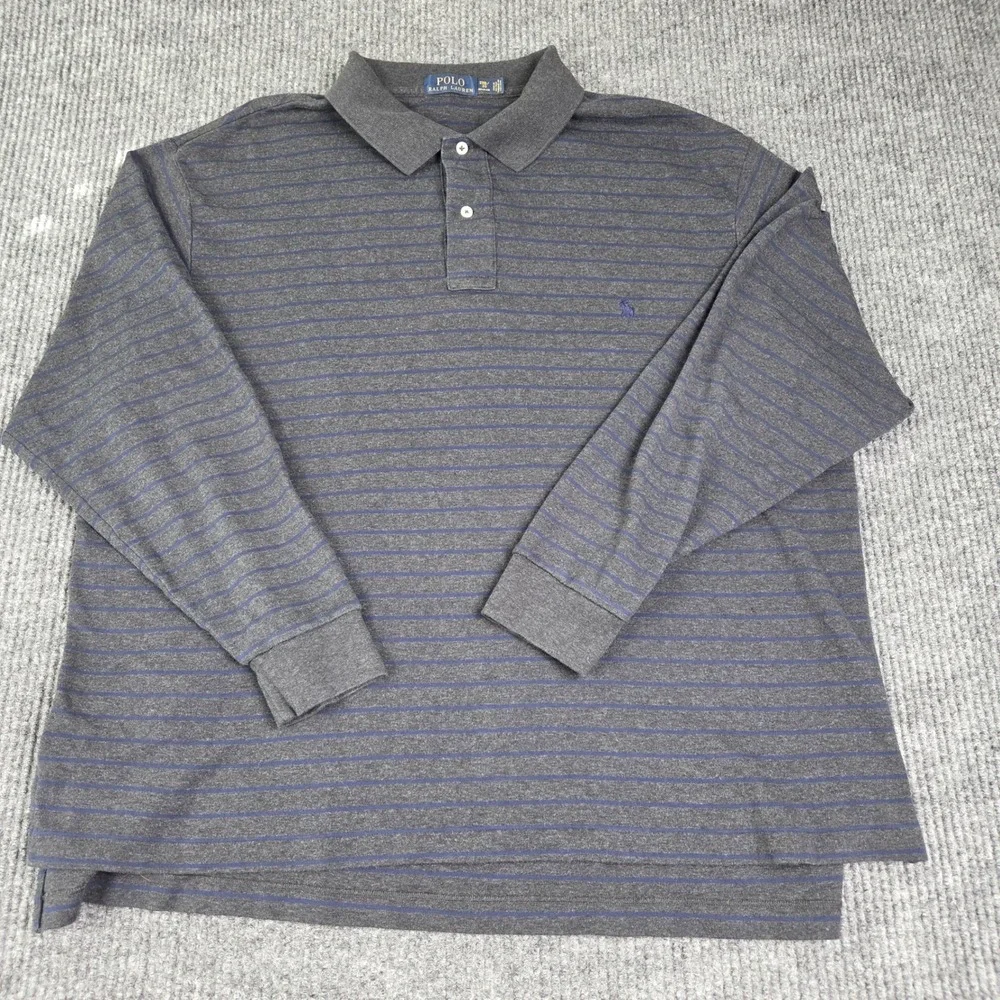 Polo Ralph Lauren Mens Big Tall 2XB Gray Blue Striped Long‎ Sleeve Polo Shirt